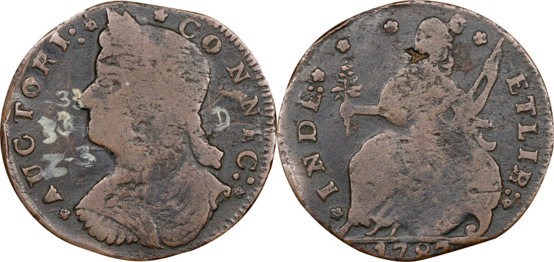 1787 Connecticut Copper. Miller 33.33-Z.3, W-3835. Rarity-5. Draped Bust Left. F...