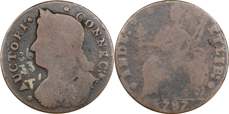 1787 Connecticut Copper. Miller 33.36-T.1, W-3875. Rarity-5+. Draped Bust Left, ...