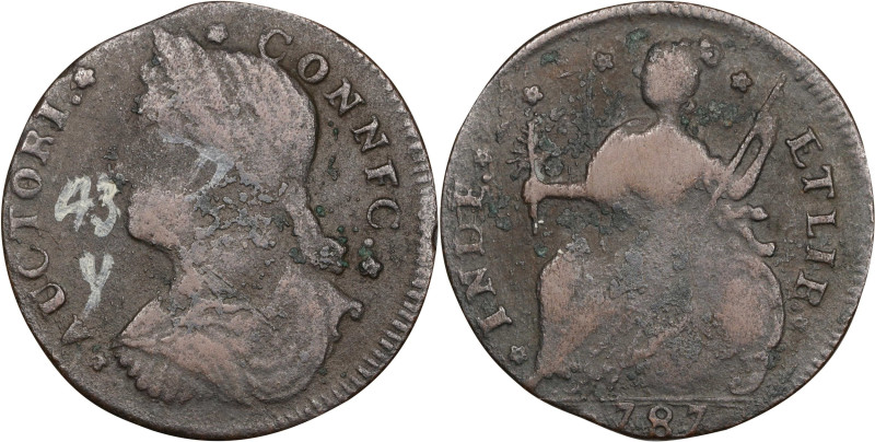 1787 Connecticut Copper. Miller 43.1-Y, W-4250. Rarity-2. Draped Bust Left, CONN...