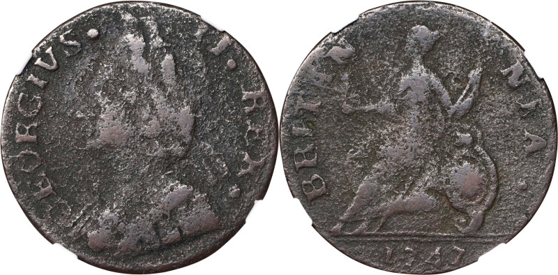 1747 Machin's Mills Halfpenny. Vlack 1-47A, W-7660. Rarity-5. GEORGIVS II, Group...