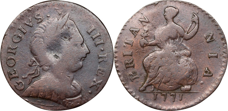 1771 Machin's Mills Halfpenny. Vlack 3-71B, W-7680. Rarity-5. GEORGIVS III, Grou...