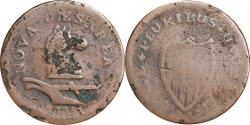 1786 New Jersey Copper. Maris 17-b, W-4870. Rarity-3. Straight Plow Beam, Chess Knight, PLUKIBUS, Large Planchet. Overstruck on a Connecticut Copper. ...