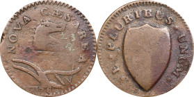 1786 New Jersey Copper. Maris 23-R, W-4945. Rarity-3. Curved Plow Beam, Narrow Shield, Blundered Six. Fine, Corrosion.
125.3 grains. Painted die vari...