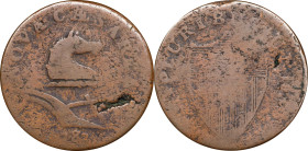 1787 New Jersey Copper. Maris 38-Y, W-5170. Rarity-3. No Sprig Above Plow, Pony Head. Very Good, Planchet Flaw.
149.1 grains.
PCGS# 766248. NGC ID: ...