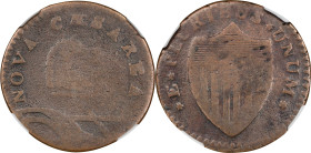 1787 New Jersey Copper. Maris 55-m, W-5305. Rarity-4. No Sprig Above Plow, Second U/S in PLURIBUS. VG Details--Environmental Damage (NGC).
139.1 grai...