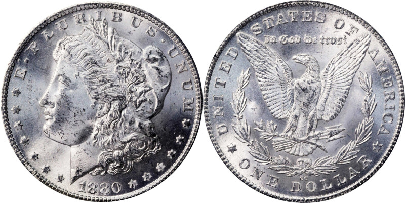 1880-CC GSA Morgan Silver Dollar. MS-63 (NGC).
The original box and card are no...