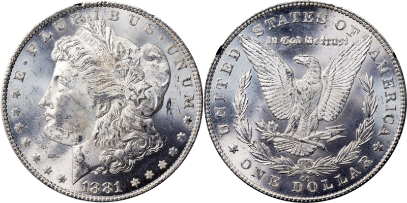 1881-CC GSA Morgan Silver Dollar. Mint State (Uncertified).
The original box an...