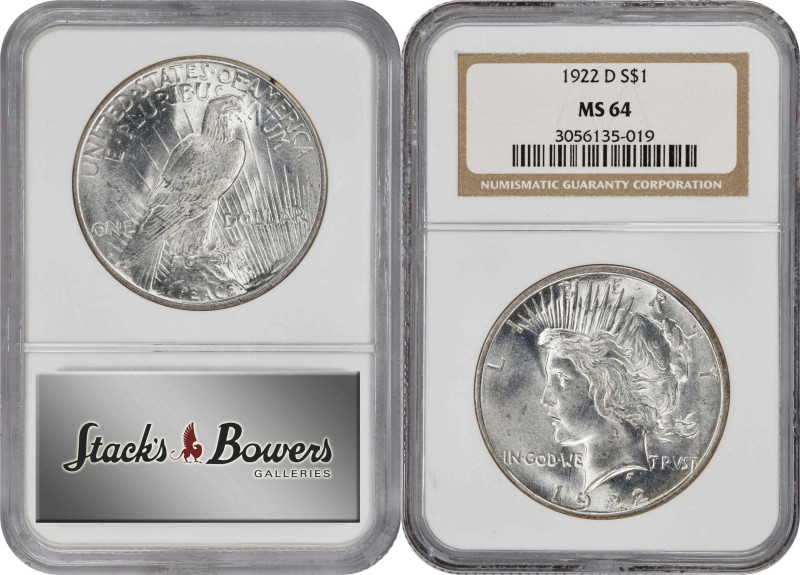 Lot of (3) 1920s Peace Silver Dollars. MS-64 (NGC).
Included are: 1922; 1922-D;...