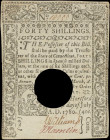 CT-240. Connecticut. July 1, 1780. 40 Shillings. Extremely Fine.
No. 18555. A lightly circulated Colonial-era note with a prominent cancellation hole...