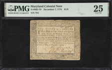 MD-79. Maryland. December 7, 1775. $1/9. PMG Very Fine 25.
No. 754. A plainly attractive and evenly circulated note from Colonial-era Maryland.