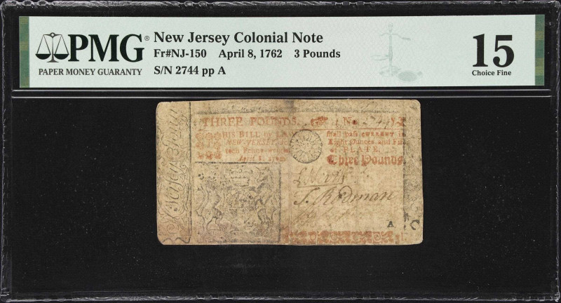 NJ-150. New Jersey. April 8, 1762. 3 Pounds. PMG Choice Fine 15.
No. 2744. Plat...