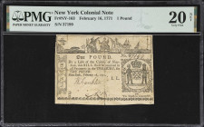 NY-163. New York. February 16, 1771. 1 Pound. PMG Very Fine 20 Net. Repaired, Pieces Added.
No. 37199. A scarce low denomination that is often encoun...