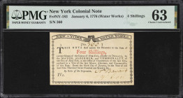 NY-183. New York. January 6, 1776. 4 Shillings. PMG Choice Uncirculated 63.
No. 360. An unusual note from New York's Colonial-era. Bearing the imprin...
