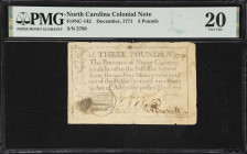 NC-142. North Carolina. December, 1771. 3 Pounds. PMG Very Fine 20.
No. 2789. A Colonial-era note from North Carolina that features a small crude cir...