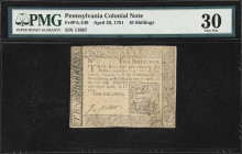 PA-249. Pennsylvania. April 20, 1781. 10 Shillings. PMG Very Fine 30.
No. 11887. An evenly circulated example that holds up well for the assigned gra...
