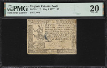 VA-117. Virginia. May 5, 1777. $5. PMG Very Fine 20.
No. 11050. Denominated in Spanish Milled Dollars, the Virginia Treasury would have had a difficu...