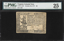 VA-129. Virginia. October 20, 1777. $8. PMG Very Fine 25.
No. 1497. Denominated in Spanish Milled Dollars, the Virginia Treasury would have had a dif...