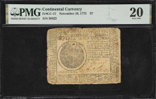 CC-17. Continental Currency. November 29, 1775. $7. PMG Very Fine 20.
No. 58922. At left, a circular vignette featuring an oncoming storm stands enci...
