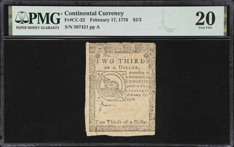 CC-22. Continental Currency. February 17, 1776. $2/3. PMG Very Fine 20.
No. 507...