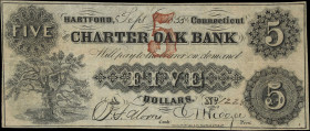 Hartford, Connecticut. Charter Oak Bank. 1853 $5. Very Fine.
No. 1228. Plate A. A lovely Contemporary Counterfeit that just screams Connecticut. Red ...
