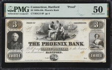 Hartford, Connecticut. Phoenix Bank. 18xx $3. PMG About Uncirculated 50. Proof.
No. None. Plate A. Vignette of shipbuilders at center contemplating a...