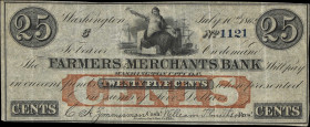 Washington, District of Columbia. Farmers & Merchants Bank. 1862 25 Cents. Very Fine.
No. 1121. A Fractional Obsolete of unusual technical and aesthe...