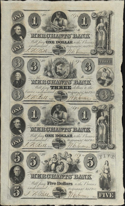 Uncut Sheet of (4). Washington, District of Columbia. Merchants Bank. 1852 $1-$3...