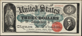 Elgin, Illinois. J.W. Bodenschatz & Bro. 1869 $3. Choice About Uncirculated. Advertising Note.
A fascinating advertising piece which imitates an earl...