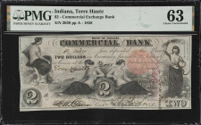 Terre Haute, Indiana. Commercial Exchange Bank. 1858 $2. PMG Choice Uncirculated 63.
No. 2038. Plate A. Pair of female allegorical figures seated at ...