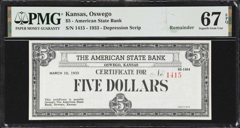 Oswego, Kansas. American State Bank. 1933 $5. PMG Superb Gem Uncirculated 67 EPQ...