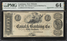 New Orleans, Louisiana. New Orleans Canal & Banking Company. 18xx $50. PMG Choice Uncirculated 64. Remainder.
No. None. Plate A. Partially nude Colum...