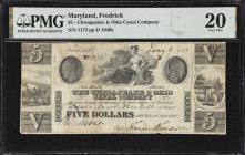 Frederick, Maryland. Chesapeake & Ohio Canal Company. 1841 $5. PMG Very Fine 20.
No. 1173. Plate D. Allegorical vignette representing agriculture at ...