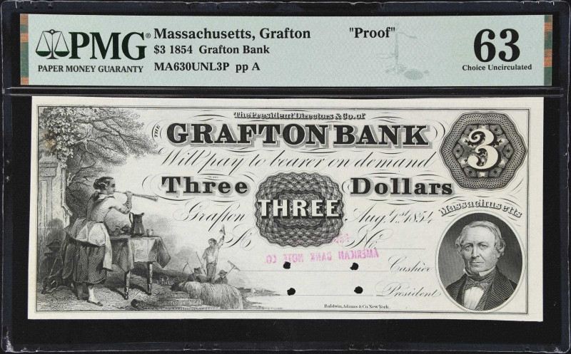 Grafton, Massachusetts. Grafton Bank. 1854 $3. PMG Choice Uncirculated 63. Proof...