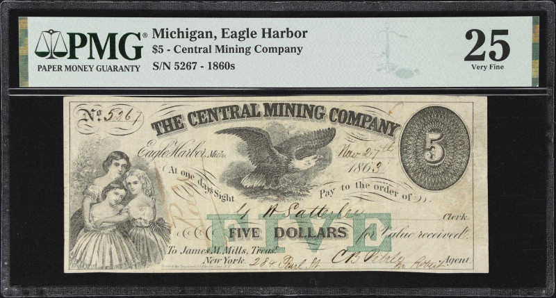 Eagle Harbor, Michigan. Central Mining Company. 1863 $5. PMG Very Fine 25.
PMG ...