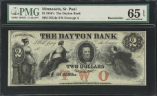 St. Paul, Minnesota. Dayton Bank. 185x $2. PMG Gem Uncirculated 65 EPQ. Remainder.
No. None. Plate A. A handsome obsolete remainder from Minnesota in...
