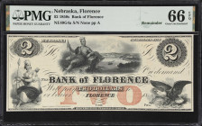 Florence, Nebraska. Bank of Florence. 18xx $2. PMG Gem Uncirculated 66 EPQ. Remainder.
An attractive Remainder from this bank which sprang up along t...