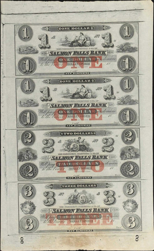 Uncut Sheet of (4). Rollinsford, New Hampshire. Salmon Falls Bank. 18xx $1-$1-$2...