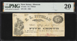 Absecon, New Jersey. S.L. Fithian. 1863 5 Cents. PMG Very Fine 20.
No. 133. An evenly-circulated piece of merchant scrip attributable to S.L. Fithian...