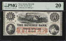 Beverly, New Jersey. Beverly Bank. 1861 $3. PMG Very Fine 20.
No. 5968. Plate C. Vignette of a passenger train at center moving at speed with a canal...