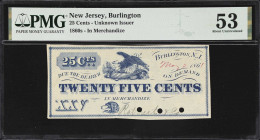 Burlington, New Jersey. Unknown Issuer. 1861 25 Cents. PMG About Uncirculated 53.
Wait UNL. May 2, 1861. Printed in blue ink. Eagle at center. Signed...