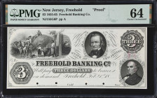 Freehold, New Jersey. Freehold Banking Company. 18xx $3. PMG Choice Uncirculated 64. Proof.
No. None. Plate A. A note featuring a rather unusual arra...