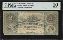 Hoboken, New Jersey. Hudson River Bank. 1862 $2. PMG Very Good 10.
No. Unknown. Plate None. Sailing ships at center amidst heavy seas. State seal and...