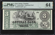 Trenton, New Jersey. Artisan Bank. 18xx $3. PMG Choice Uncirculated 64. Proprietary Proof.
No. None. Plate A. Group of workmen at work inside a found...