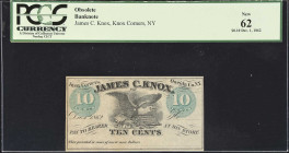 Knox Corners, New York. James C. Knox. 1862 10 Cents. PCGS Currency New 62.
A striking vignette of a Bald Eagle is seen at center on this Remainder i...