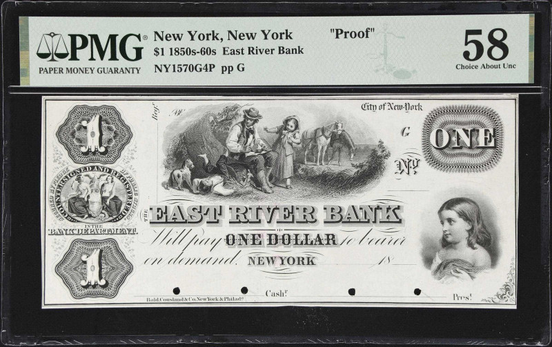 New York, New York. East River Bank. 18xx $1. PMG Choice About Uncirculated 58. ...