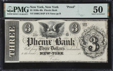New York, New York. Phenix Bank. 18xx $3. PMG About Uncirculated 50. Proof.
No. None. Plate B. Vignette of a Phoenix rising from the ashes at center ...