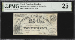 Raleigh, North Carolina. State of North Carolina. 1863 25 Cents. PMG Very Fine 25.
An evenly circulated wartime Obsolete from North Carolina's capita...