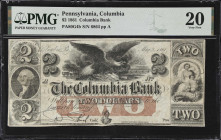 Columbia, Pennsylvania. Columbia Bank. 1861 $2. PMG Very Fine 20.
No. 6864. Plate A. Vignette of a dynamic eagle at center perched upon an American s...