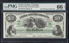 Columbia, South Carolina. State of South Carolina. 1872 $10. PMG Gem Uncirculated 66 EPQ.
No. 3388. Plate B. A gem example of this ever-popular type ...