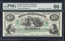 Columbia, South Carolina. State of South Carolina. 1872 $10. PMG Gem Uncirculated 66 EPQ.
No. 3390. Plate A. A gem example of this ever-popular type ...